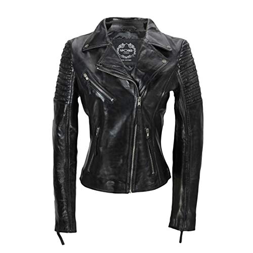Xposed Chaqueta de motociclista para mujer, estilo vintage, ajustada, suave, de cuero auténtico, talla UK 6-24, color Negro, talla X-Large
