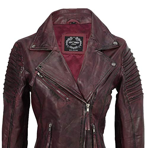 Xposed Chaqueta de motociclista para mujer, estilo vintage, ajustada, suave, de cuero auténtico, talla UK 6-24, color Rojo, talla 4X-Large