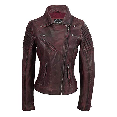 Xposed Chaqueta de motociclista para mujer, estilo vintage, ajustada, suave, de cuero auténtico, talla UK 6-24, color Rojo, talla 4X-Large