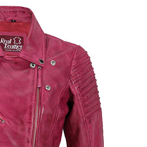 Xposed Chaqueta de motociclista para mujer, estilo vintage, ajustada, suave, de cuero auténtico, talla UK 6-24, color Rosa, talla 3X-Large