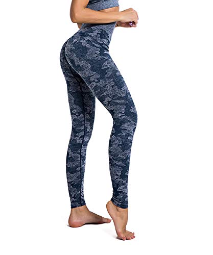 Yaavii Pantalones de Yoga de Camuflaje de Cintura Alta para Mujeres Gimnasio Deportivo Elástico Running Entrenamiento Abdomen Caderas Leggings Azul S