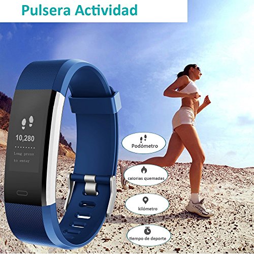 YAMAY Pulsera Actividad con Pulsómetro Mujer Hombre, Monitor de Actividad Deportiva, Ritmo Cardíaco, Impermeable IP67, Reloj Fitness, smartwatch con Podómetro, Color Azul