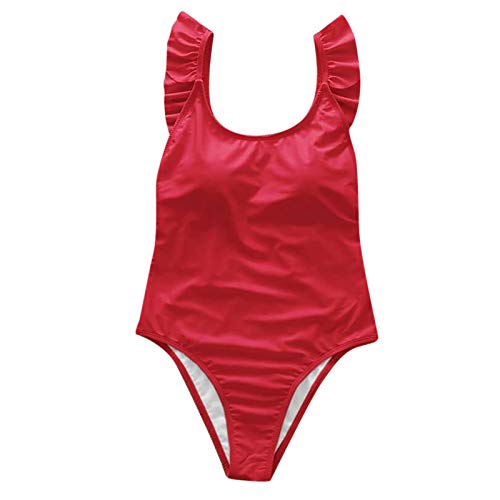 YANFANG Mujeres Sexy sólido Push Up High Cut Lace Up Halter Bikini Set Traje de baño de una Pieza,Traje de Baño con Control de Barriga Traje de Baño Tankini Fruncido Bikini,Red,S