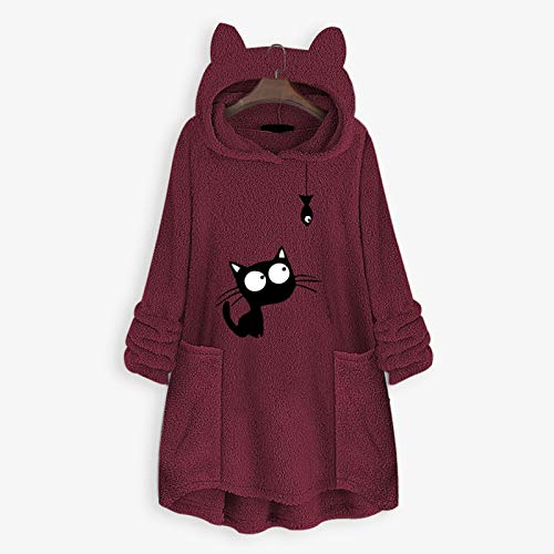 YANFANG Sudadera con Capucha para Mujer Abrigo Chaqueta Caliente y Esponjoso Flannel Tipo Manta Mujeres Fleece Bordado Oreja de Gato Tallas grandesBolsillo Superior Suéter Blusa XLRed