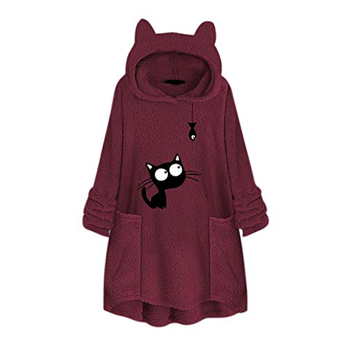 YANFANG Sudadera con Capucha para Mujer Abrigo Chaqueta Caliente y Esponjoso Flannel Tipo Manta Mujeres Fleece Bordado Oreja de Gato Tallas grandesBolsillo Superior Suéter Blusa XLRed