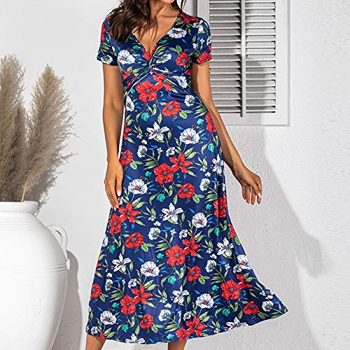 YANFANG Verano Moda Mujer Impresión Vestido de una Pieza Vestido Largo con Flores,con Estampado de Flores, Vestido de Playa,Red,L