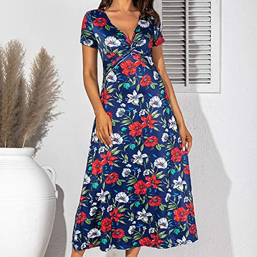 YANFANG Verano Moda Mujer Impresión Vestido de una Pieza Vestido Largo con Flores,con Estampado de Flores, Vestido de Playa,Red,L