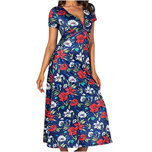 YANFANG Verano Moda Mujer Impresión Vestido de una Pieza Vestido Largo con Flores,con Estampado de Flores, Vestido de Playa,Red,L