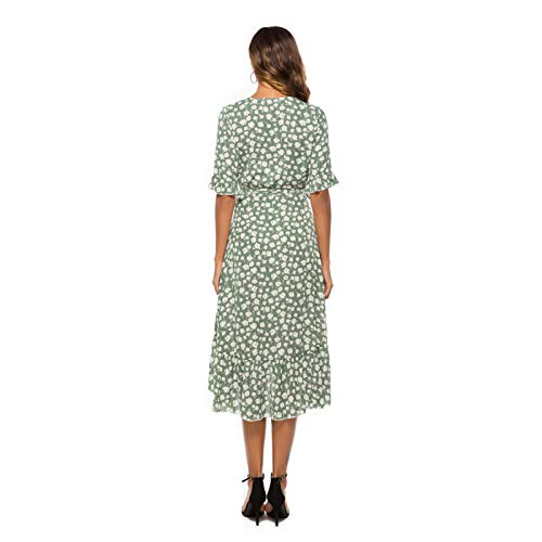 YANFANG Vestido de Manga Corta con Cuello en V Bohemio y Estampado Floral Informal para Mujer,cómodo Camisa, Vestido de vocación