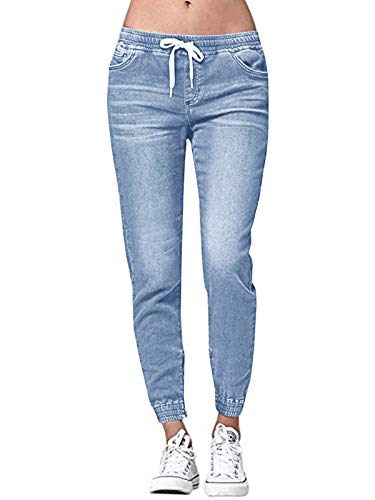 Ybenlover Pantalones vaqueros de cintura alta para mujer, rectos, estrechos, elásticos, largos, con goma elástica azul XL