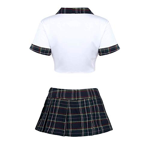 Yeahdor Disfraz de Esuela Japónes para Mujer Costume Cosplay Carnaval Uniforme de Colegiala Conjuntos de Vestido Blusa Falda Patrón de Cuadros Minifalda Escocesa Azul Marino y Blanco M
