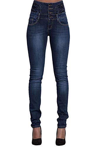 Yidarton Mujer Casual Retro Vaqueros Skinny Elástico Jeans Cintura Alta Denim Pantalones con Botones Slim Push Up Jeans (Azul Oscuro, M)
