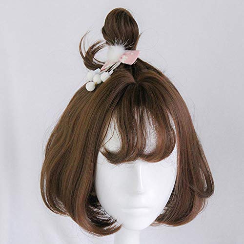 Yjdr Cabello Corto Aire Bangs Bobo Corto sintético Cabeza Diario de Harajuku de Las Mujeres Puede ser Atado Bola Lechuga Romana 32cm Brown