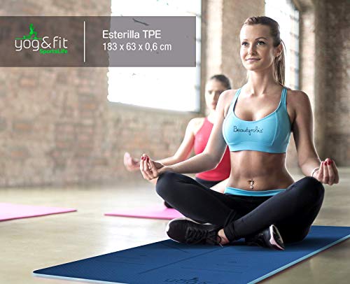 YOG&FIT- Pack Premium Yoga/Pilates. Kit/Set Yoga Principiantes e iniciados (6 Productos) 1 Esterilla Yoga Antideslizante 6mm TPE, 2 Bloques EVA,1 Pelota 65Cm, 1 Bolsa Transporte y 1correa. (Azul)