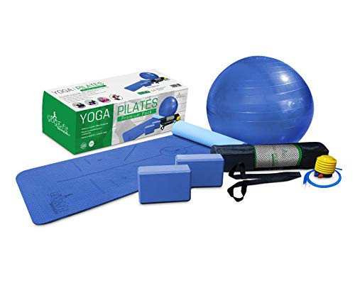 YOG&FIT- Pack Premium Yoga/Pilates. Kit/Set Yoga Principiantes e iniciados (6 Productos) 1 Esterilla Yoga Antideslizante 6mm TPE, 2 Bloques EVA,1 Pelota 65Cm, 1 Bolsa Transporte y 1correa. (Azul)