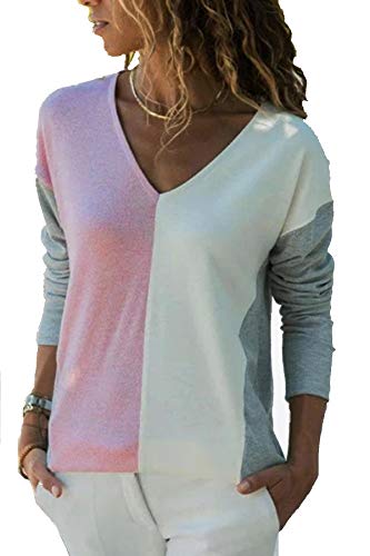 YOINS Camiseta de Manga Larga para Mujer Camisa Cuello V Blusa Sexy Moda Top Otoño Invierno Rosa-02 S