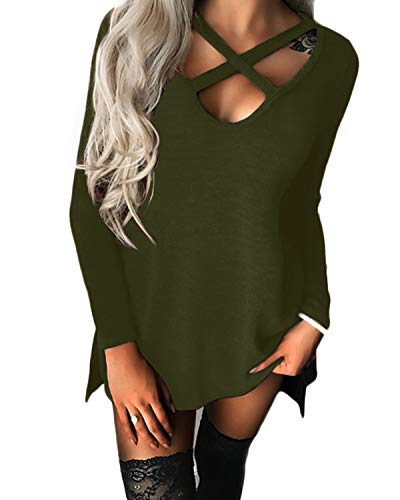 Yoins Jersey para mujer de manga larga y hombros descubiertos con cuello de pico, sexy, para otoño Verde militar S