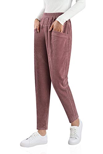 Youlee Mujeres Cintura Alta Pantalones Rectos Pantalones de Pana con Bolsillos Purple S