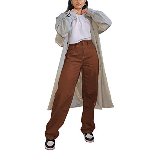 Young Forever Pantalones vaqueros vintage para mujer con cintura alta Y2k Harajuku estilo casual Slim Vintage A-castaño S