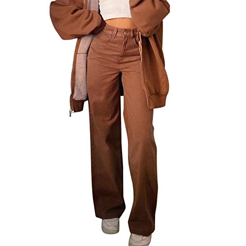 Young Forever Pantalones vaqueros vintage para mujer con cintura alta Y2k Harajuku estilo casual Slim Vintage A-castaño S