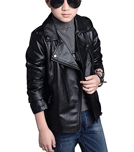 YoungSoul Chaqueta Biker Niño - Cazadora Motera Efecto Piel Niña - Abrigos Imitacion Cuero con Cremallera Primavera Otoño Negro 11-12 años/Tamaño 150