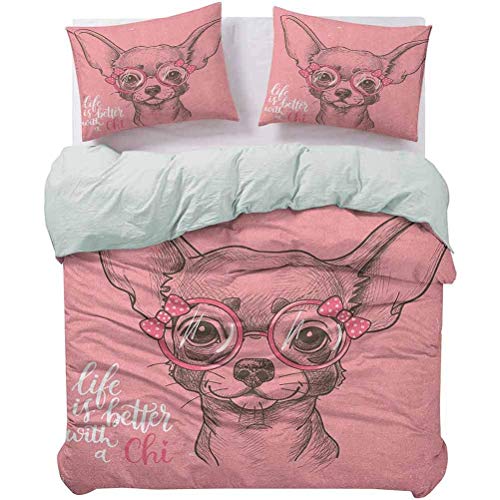 Yoyon Funda nórdica de para niña, Dibujo de Chihuahua, ilustración con Cita, Gafas de Moda, Cintas, Estampado de Cachorro, Funda nórdica, Muy Suave y Lisa, Rosa pálido, Verde Militar