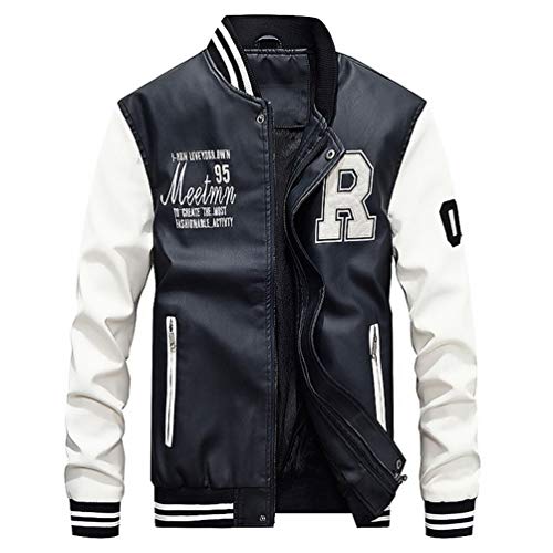 YuanDian Hombre Béisbol Chaqueta De Imitacion Cuero Otoño Invierno Casual Vintage Bordado Bomber Aviador Baseball Jacket Polipiel Casaca Piel Sintetica Chamarra Cazadora Blanco + Negro XL