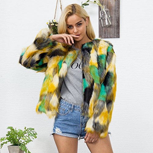YuanDian Mujer Otoño E Invierno Ocio Vistoso Color De Degradado Corto Pelo Sintetico Cazadora Suave Cálido Elegante Piel Imitacion Sintetico Chaquetas Abrigo Amarillo+Verde 3XL