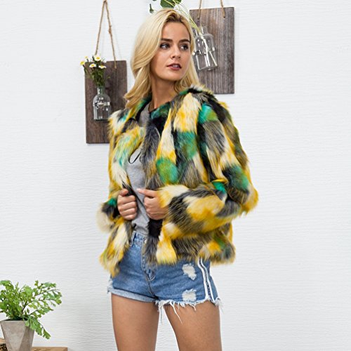 YuanDian Mujer Otoño E Invierno Ocio Vistoso Color De Degradado Corto Pelo Sintetico Cazadora Suave Cálido Elegante Piel Imitacion Sintetico Chaquetas Abrigo Amarillo+Verde 3XL