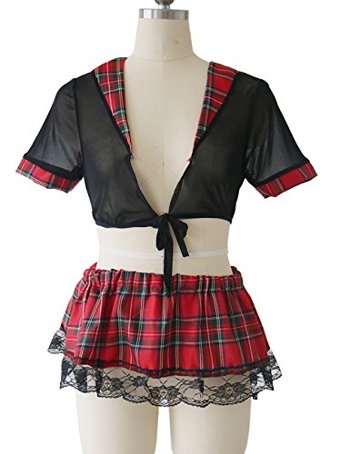 YUANMO Ropa Interior Atractiva del Cordón de la Colegiala de Las Mujeres Más Cosplay del Tamaño Mini Faldas a Cuadros Traje del Traje de la Muñeca