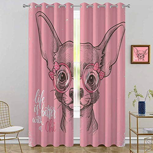 YUAZHOQI - Cortinas de perro para dormitorio y niña, diseño de chihuahua, con citas, gafas de moda, cintas para cachorros, elegantes para sala de estar, 132 x 160 cm, color rosa pálido verde militar