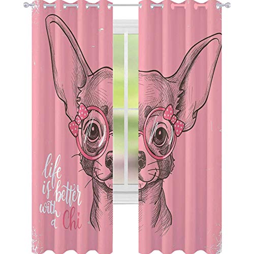 YUAZHOQI - Cortinas de perro para dormitorio y niña, diseño de chihuahua, con citas, gafas de moda, cintas para cachorros, elegantes para sala de estar, 132 x 160 cm, color rosa pálido verde militar