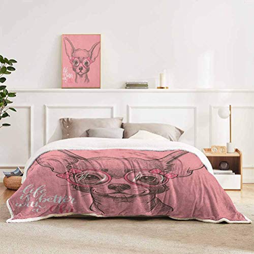 YUAZHOQI Manta para perro, niña Chihuahua, dibujo ilustración con cita de gafas, cintas para cachorro, manta para cama de 60 pulgadas x 80 pulgadas, rosa pálido, verde militar