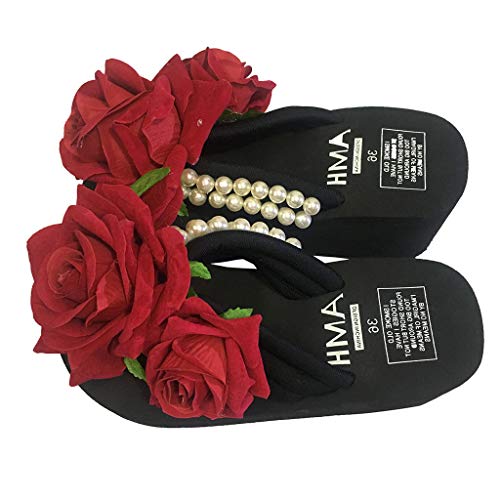 Yvelands Mujeres Liquidación Señoras Chicas Perla Floral Cuñas Chanclas Sandalias Zapatillas Zapatos de Playa (Negro,37)