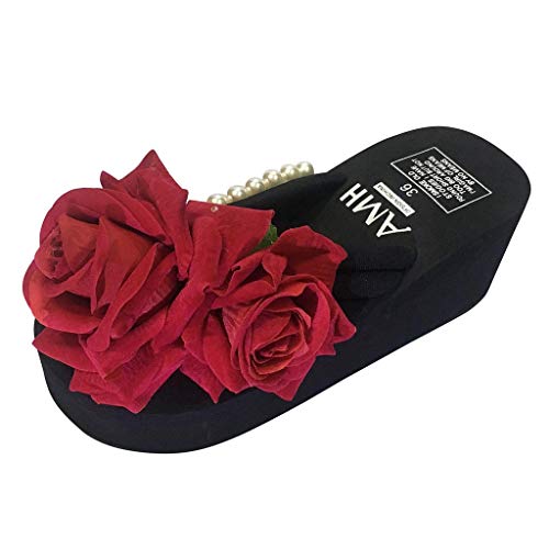Yvelands Mujeres Liquidación Señoras Chicas Perla Floral Cuñas Chanclas Sandalias Zapatillas Zapatos de Playa (Negro,37)