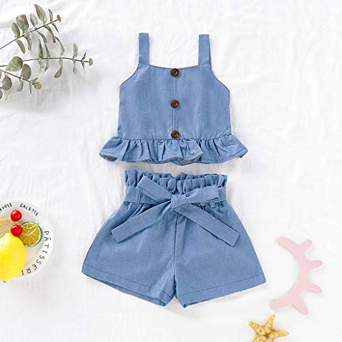 YWLINK Conjunto Bebé NiñAs Verano Mezcla De AlgodóN Sleeveless Plisada Sling Top Camiseta Manga Corta + Arco Pantalones Conjunto Moda Casual Lindo Regalo De CumpleañOs Viajes(Azul,2-3 años/110)