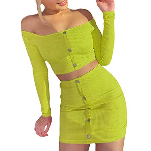 Yying Conjuntos Mujer Botones Crop Top Manga Larga Mini Falda Sexy Club Neon Green Overol Dos Piezas Conjuntos Conjuntos Fiesta