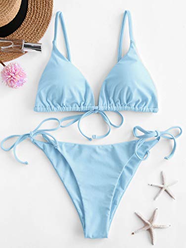 ZAFUL Bikini acolchado para mujer, de un solo color, con triángulo, con tirantes finos. azul claro M