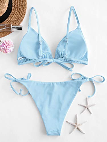 ZAFUL Bikini acolchado para mujer, de un solo color, con triángulo, con tirantes finos. azul claro M