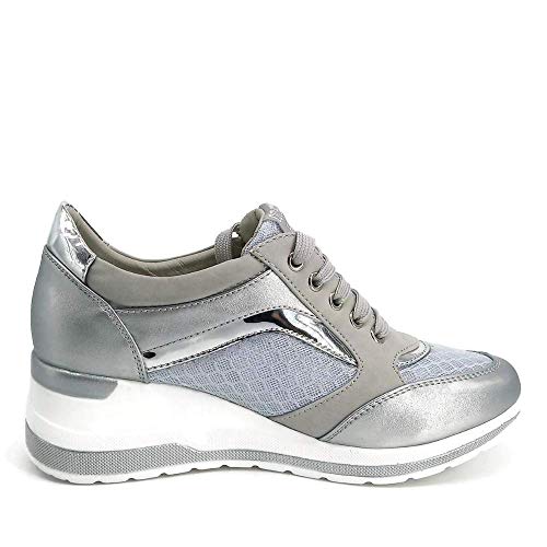 Zapatilla Deportiva con Estilo Mujer/Bambas de Chica con Cuña/Zapato de Mujer Sport para Vaqueros/Tenis con Cuña Baja (Plata, 39)