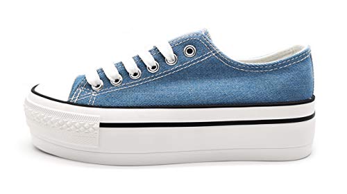 Zapatillas para Mujer con Plataforma de Lona Doble Suela Triple Basket Bambas Puntera de Goma Azul Vaquero 37