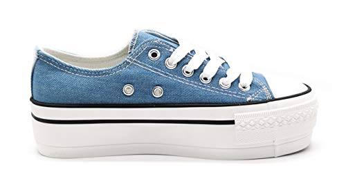 Zapatillas para Mujer con Plataforma de Lona Doble Suela Triple Basket Bambas Puntera de Goma Azul Vaquero 37