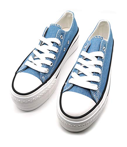 Zapatillas para Mujer con Plataforma de Lona Doble Suela Triple Basket Bambas Puntera de Goma Azul Vaquero 37