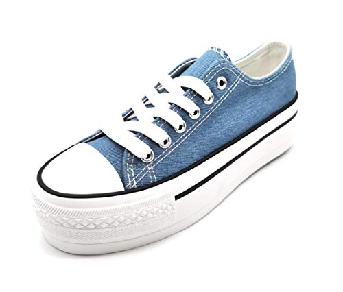 Zapatillas para Mujer con Plataforma de Lona Doble Suela Triple Basket Bambas Puntera de Goma Azul Vaquero 38