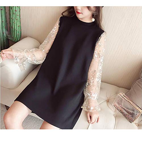 ZCRFYY Vaina/Columna Madre del Vestido de Novia Elegante Cuello de la Joya Longitud de la Rodilla de Encaje de Manga Larga de Raso con Apliques de 2020,Negro,M