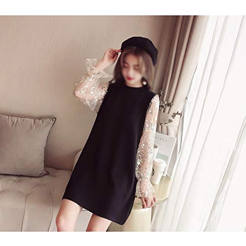 ZCRFYY Vaina/Columna Madre del Vestido de Novia Elegante Cuello de la Joya Longitud de la Rodilla de Encaje de Manga Larga de Raso con Apliques de 2020,Negro,M