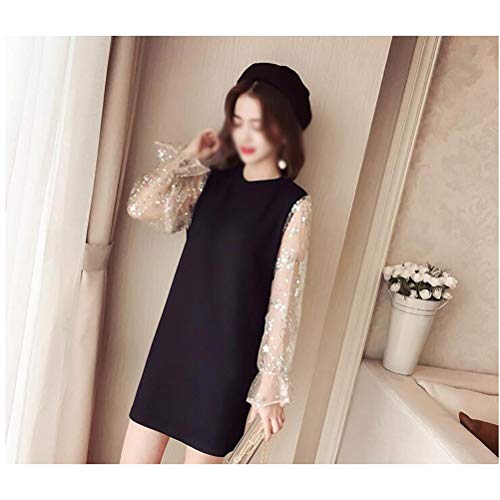 ZCRFYY Vaina/Columna Madre del Vestido de Novia Elegante Cuello de la Joya Longitud de la Rodilla de Encaje de Manga Larga de Raso con Apliques de 2020,Negro,M