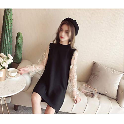 ZCRFYY Vaina/Columna Madre del Vestido de Novia Elegante Cuello de la Joya Longitud de la Rodilla de Encaje de Manga Larga de Raso con Apliques de 2020,Negro,M