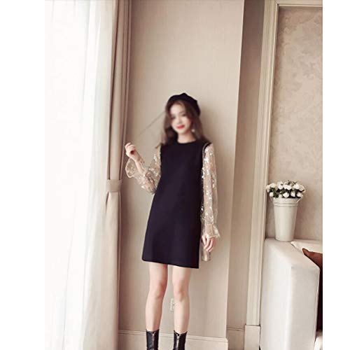 ZCRFYY Vaina/Columna Madre del Vestido de Novia Elegante Cuello de la Joya Longitud de la Rodilla de Encaje de Manga Larga de Raso con Apliques de 2020,Negro,M