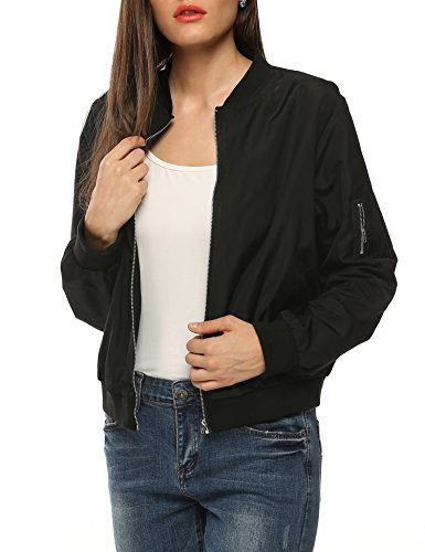 Zeagoo Chaqueta para mujer, ligera, estilo bomber, con cremallera, fina, colección de 2017, para otoño y primavera, color negro/verde/rojo negro negro